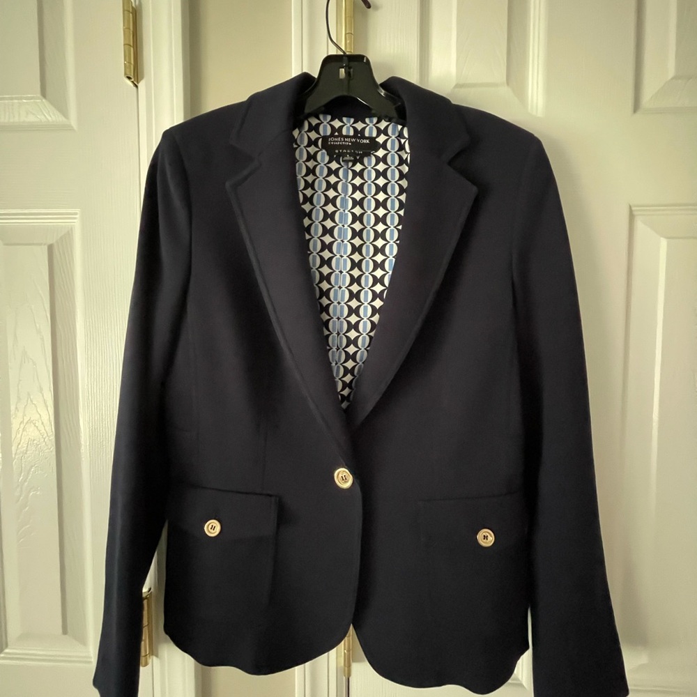 Jones New York Collection Navy Blazer with Patterned Lining